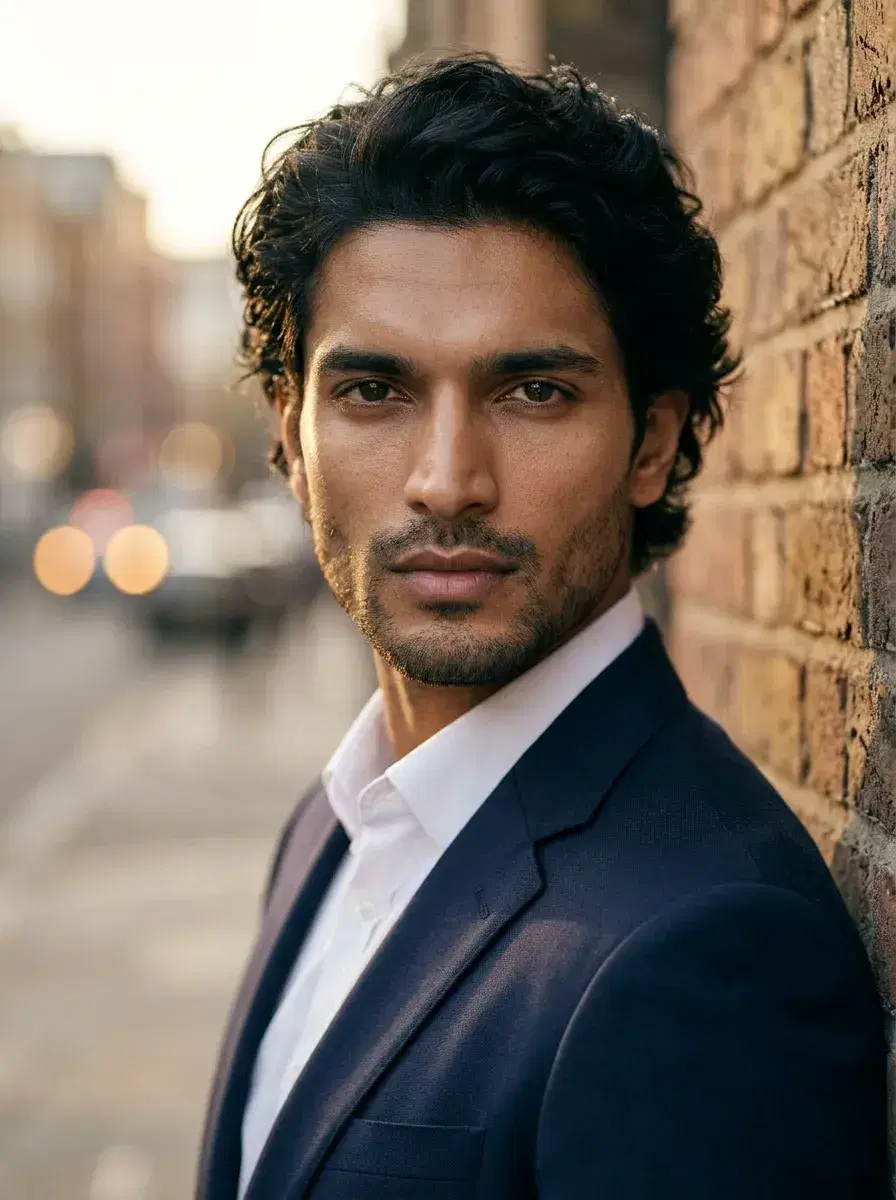 AI AI Actor Headshots — Stage-Ready Portraits — AI actor headshot against brick wall with golden hour lighting