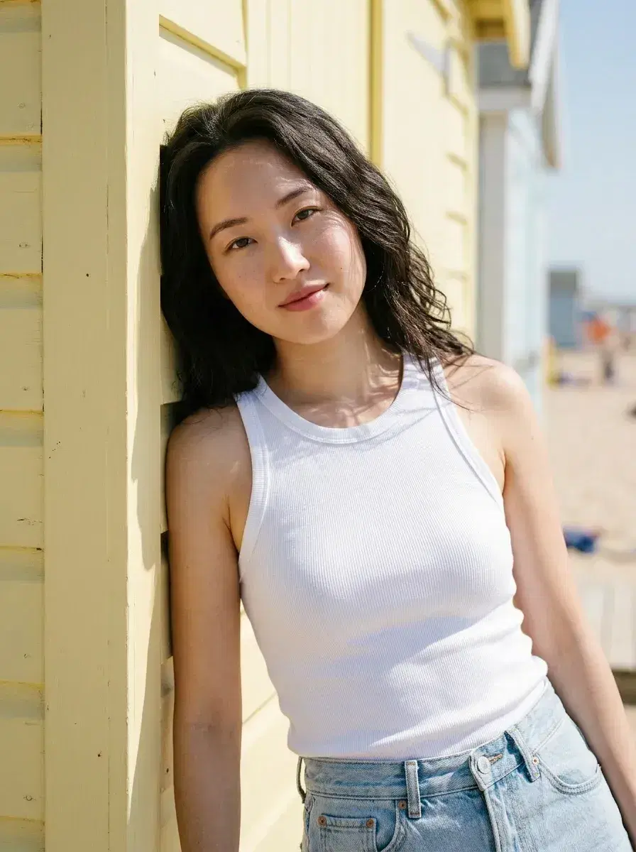 AI AI Aesthetic Photo Dump — Summer Vibes — Pastel beach hut aesthetic portrait for summer photo dump