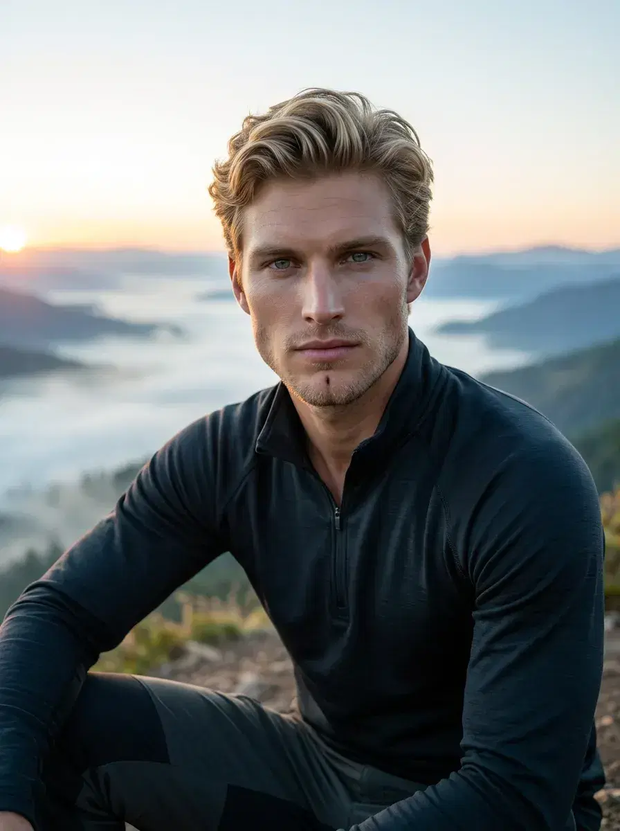 AI AI Aesthetic Photo Dump — Summer Vibes — Mountain sunrise trail portrait for August aesthetic photo dump