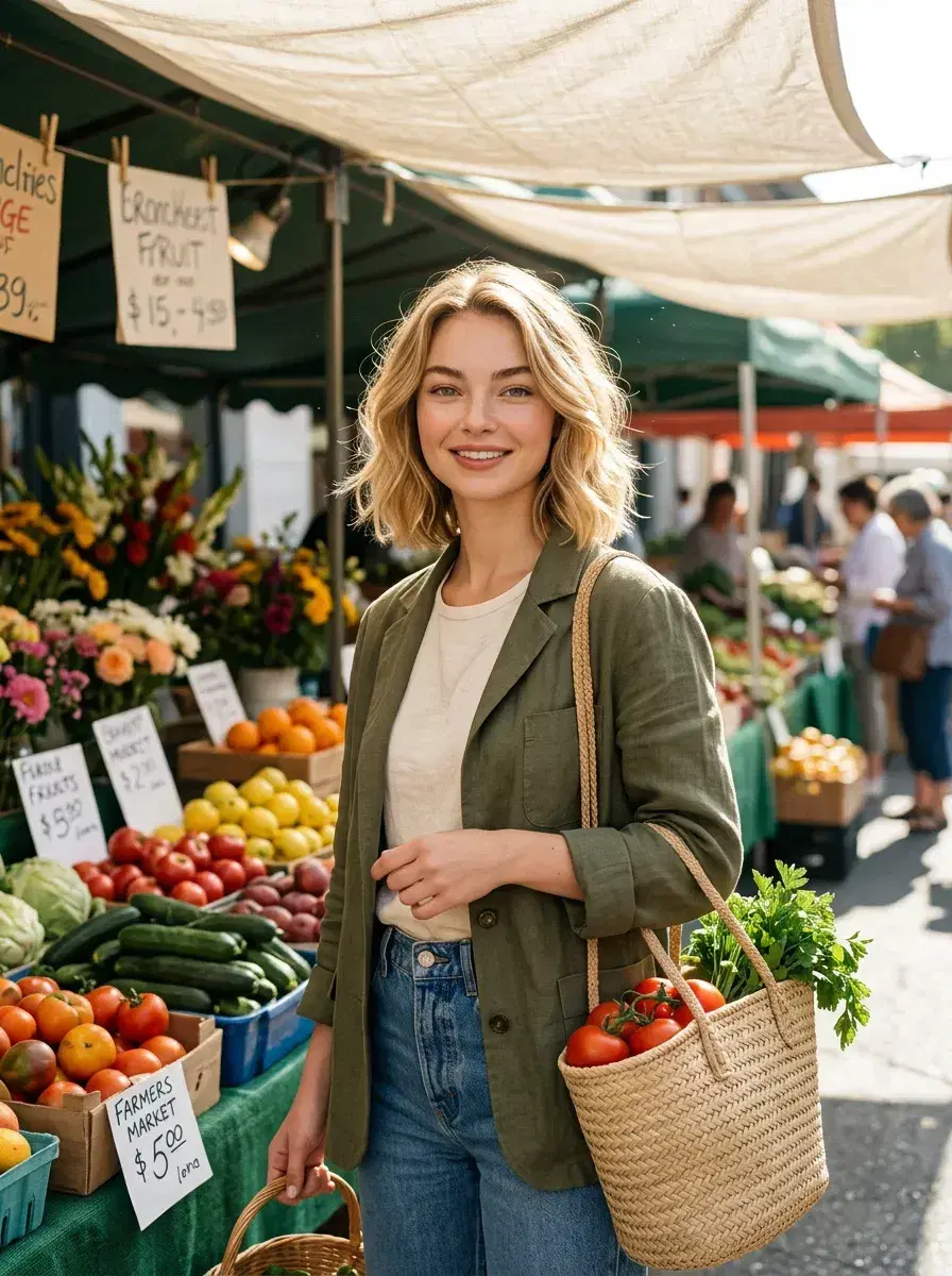 AI AI Aesthetic Photo Dump — Summer Vibes — Person at a summer farmers market for an aesthetic August photo dump