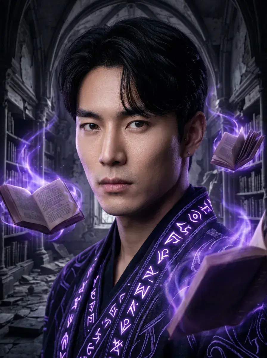 AI AI Anime Cosplay Photos — Character-Perfect — Person in dark sorcerer anime robe with glowing runes in gothic magical library