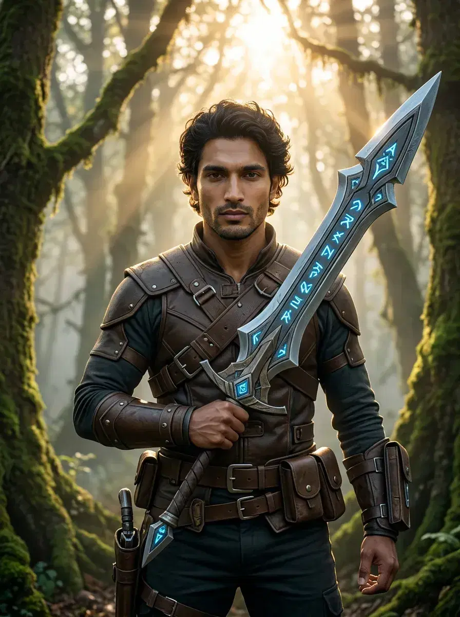 AI AI Anime Cosplay Photos — Character-Perfect — Person in anime hunter outfit at edge of misty ancient forest at dawn