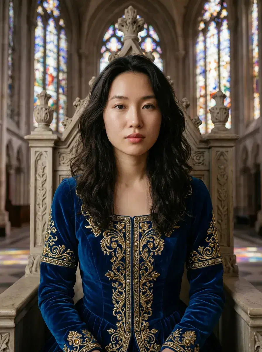 AI AI Anime Cosplay Photos — Character-Perfect — Person in royal isekai costume on ornate stone throne in cathedral with stained-glass light