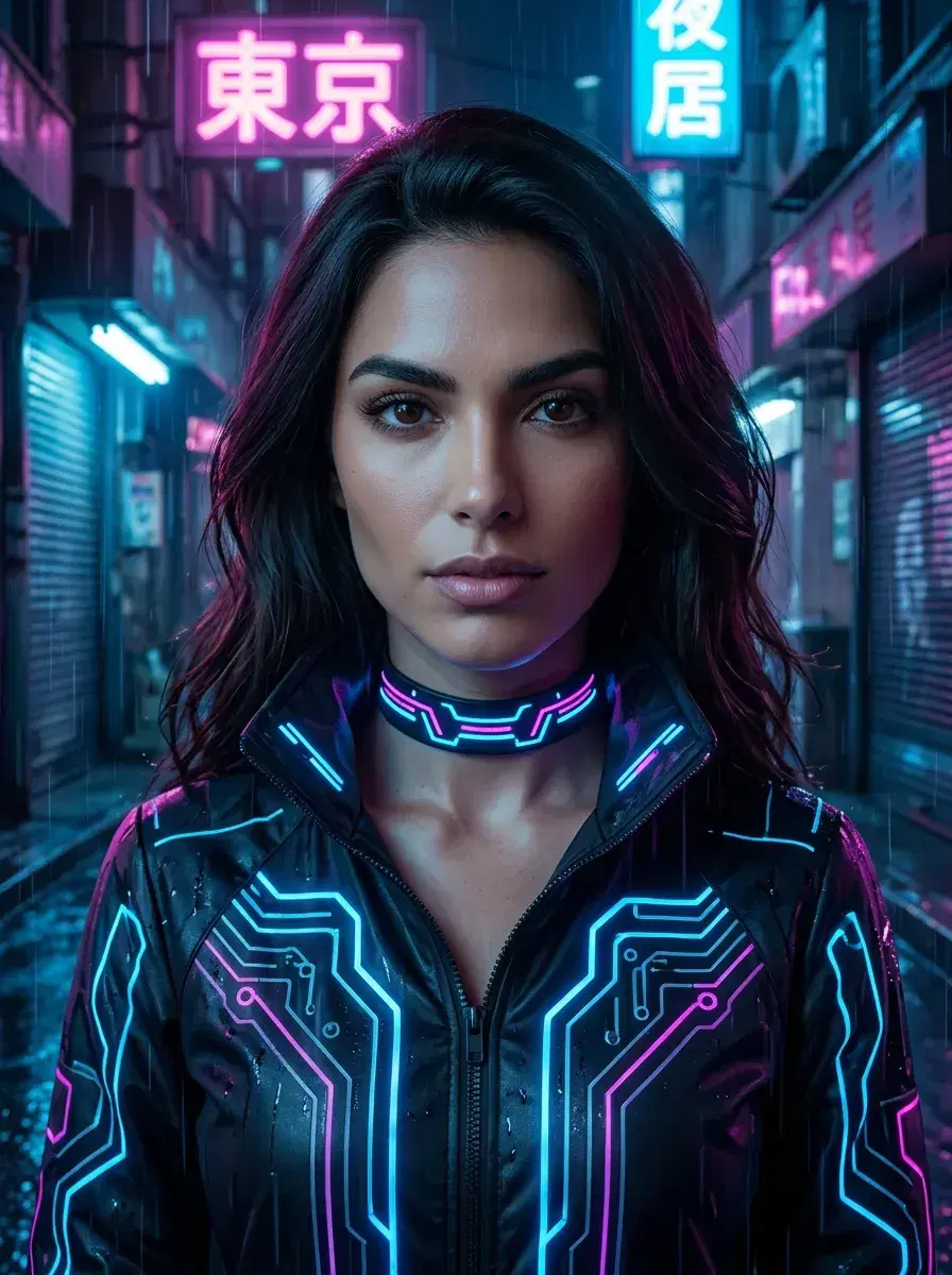 AI AI Anime Cosplay Photos — Character-Perfect — Person in cyberpunk anime outfit under neon kanji signs in rainy Tokyo alley