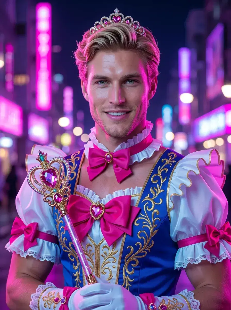 AI AI Anime Cosplay Photos — Character-Perfect — Person in magical-girl anime costume in glowing fantasy neon cityscape