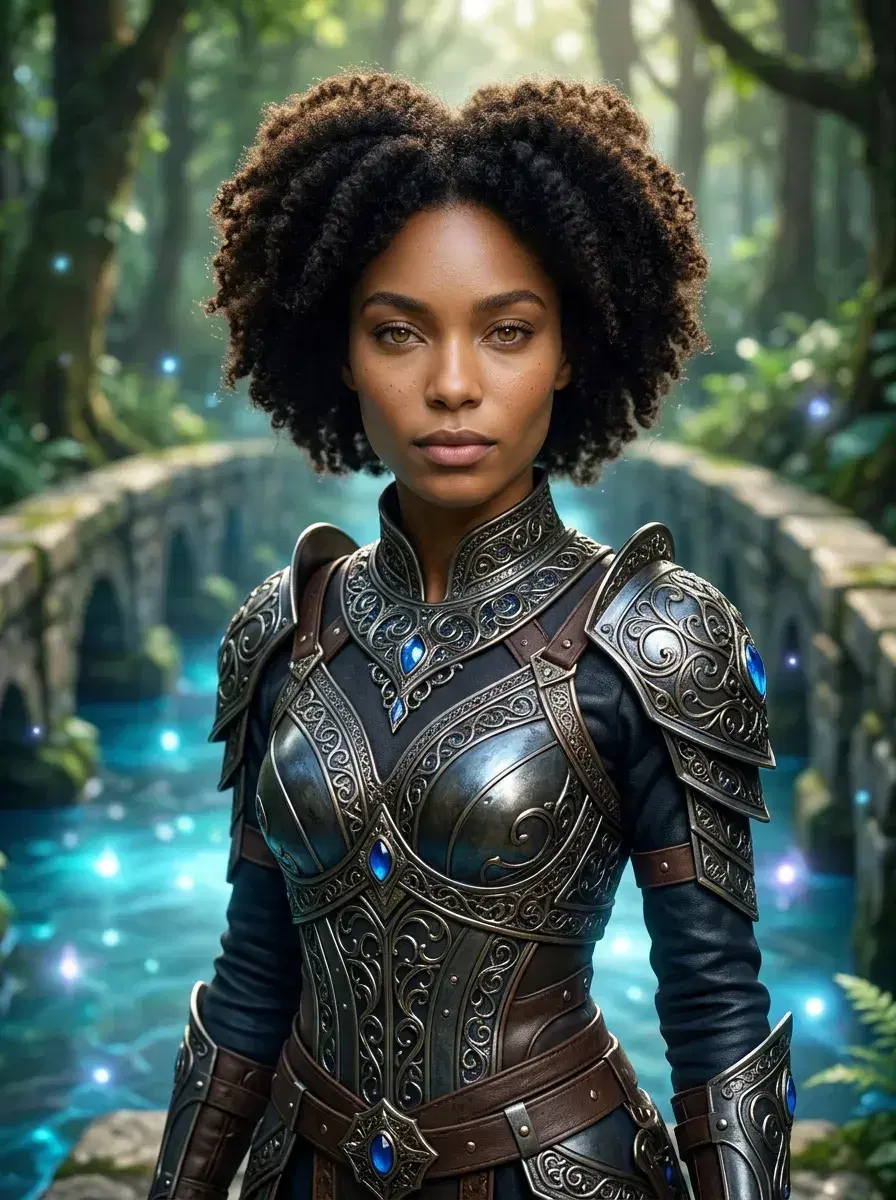 AI AI Anime Cosplay Photos — Character-Perfect — Person in isekai fantasy armour on stone bridge over glowing crystal river in enchanted forest