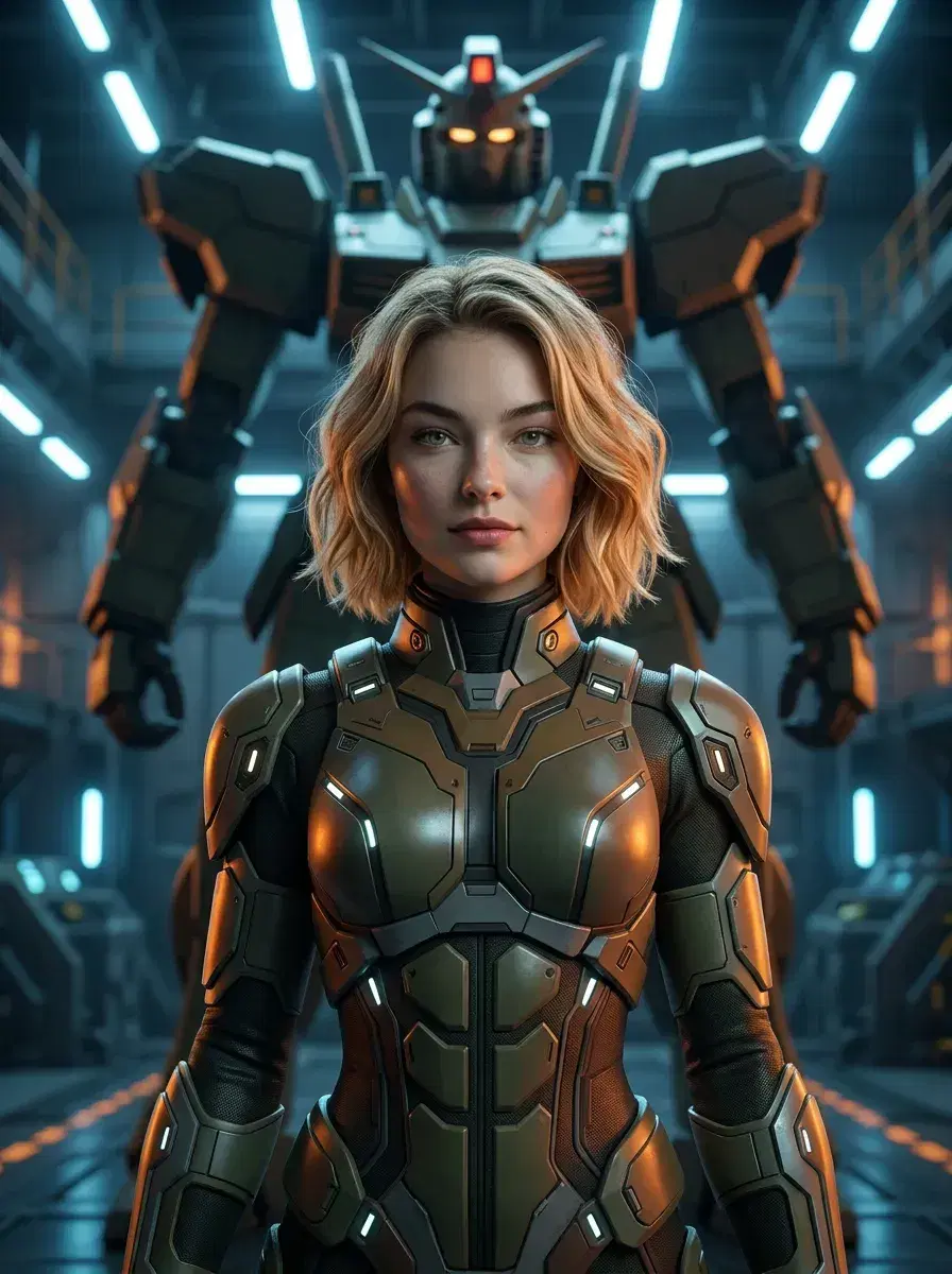 AI AI Anime Cosplay Photos — Character-Perfect — Person in mecha-pilot anime suit in futuristic hangar with giant robot behind