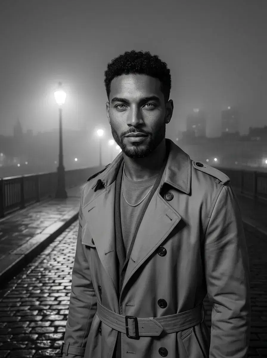 AI AI Black and White Noir Photos — Dark Glamour — Three-quarter noir portrait on a foggy bridge at night, black and white cinematic photography