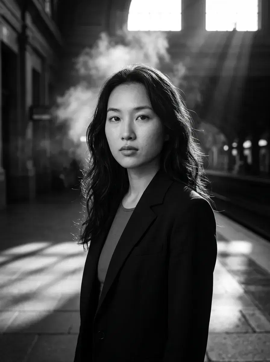 AI AI Black and White Noir Photos — Dark Glamour — Waist-up noir portrait in a steam-filled train station corridor, dramatic black and white lighting