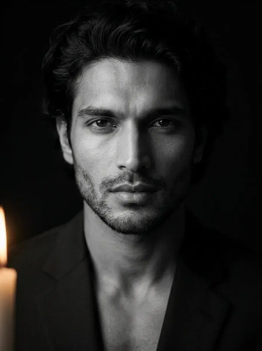 AI AI Black and White Noir Photos — Dark Glamour — Close-up candlelit noir portrait, soft glow against deep shadow, black and white editorial