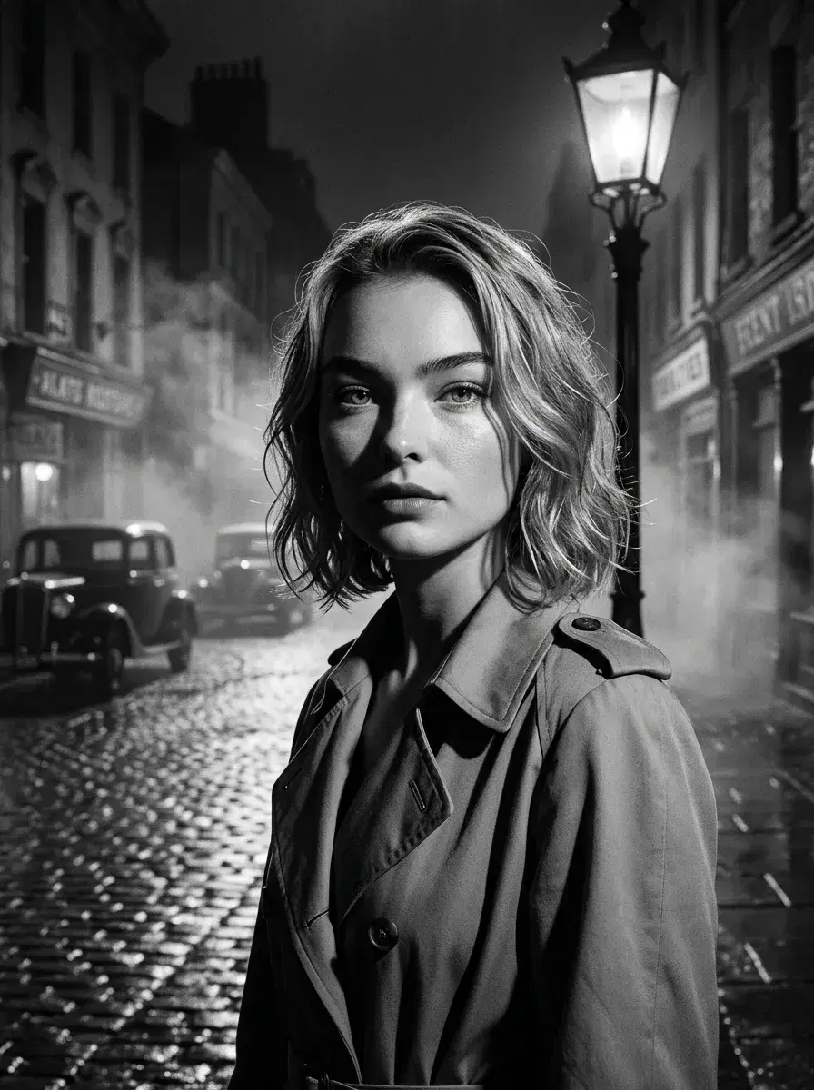 AI AI Black and White Noir Photos — Dark Glamour — Person in trench coat under a foggy street lamp, dramatic black and white noir portrait
