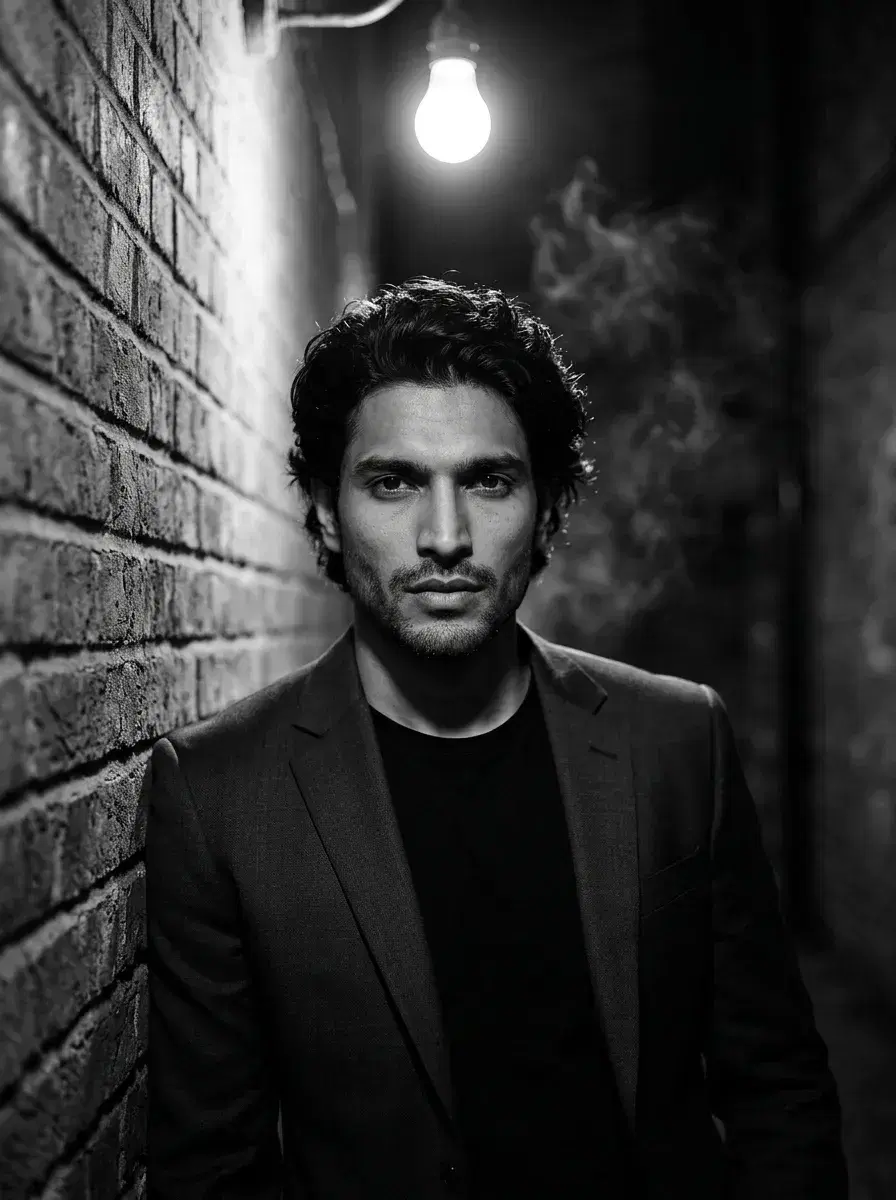 AI AI Black and White Noir Photos — Dark Glamour — Three-quarter noir shot in a dark alley under a bare bulb, dramatic black and white shadows