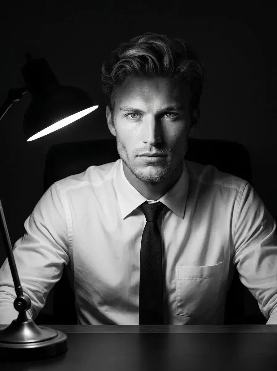 AI AI Black and White Noir Photos — Dark Glamour — Chest-up noir portrait at a desk lamp, classic detective office aesthetic in black and white