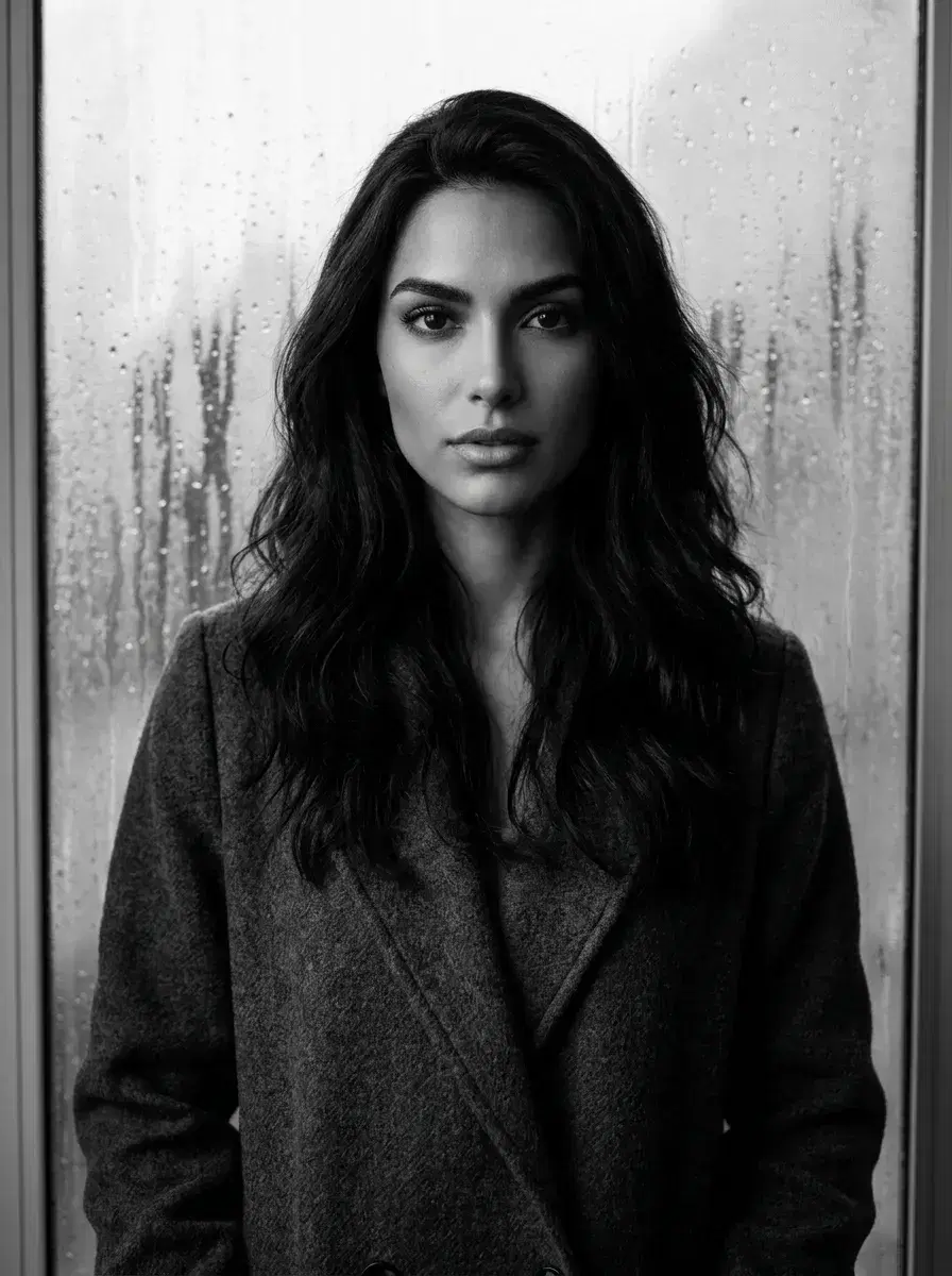 AI AI Black and White Noir Photos — Dark Glamour — Waist-up noir portrait against frosted rain glass, moody high-contrast black and white