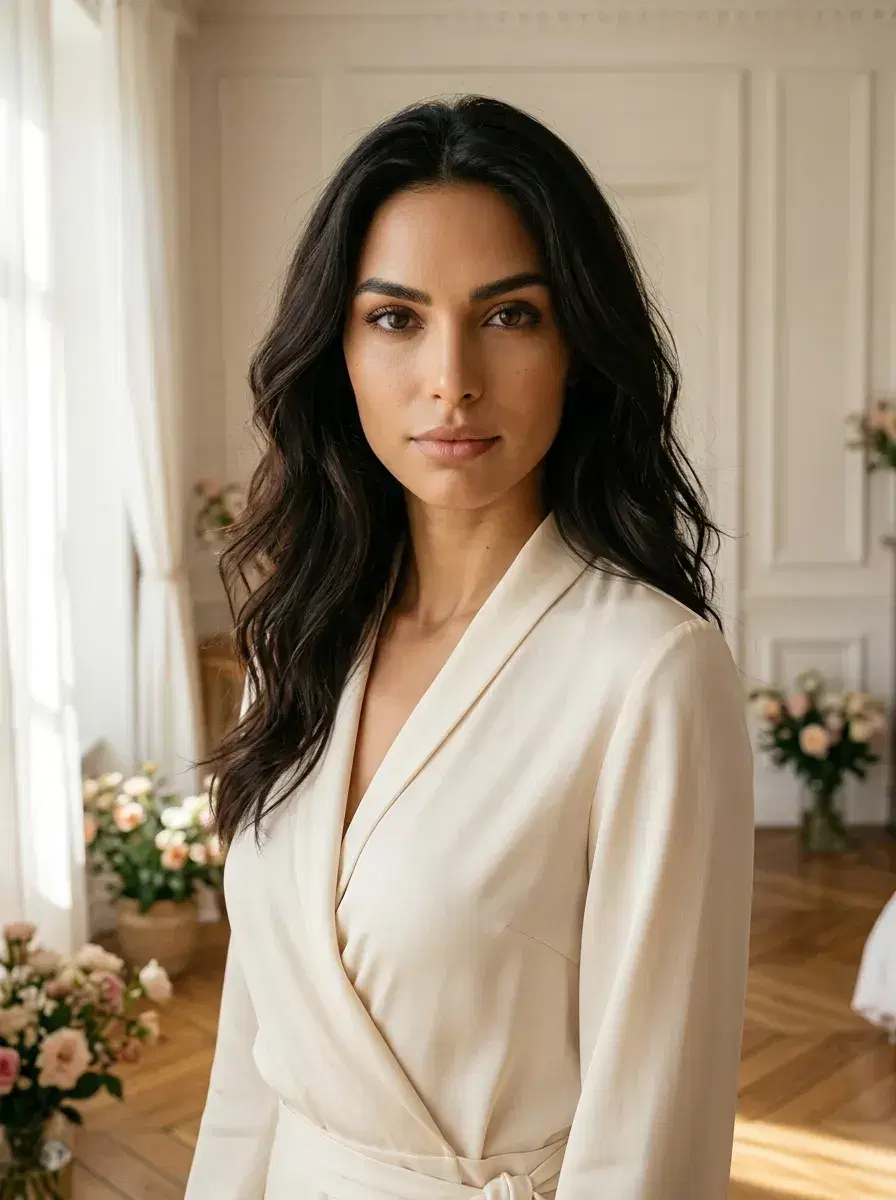 AI AI Boudoir Photos — Timeless Portraits — Person in wrap top in sunlit Parisian bedroom — AI boudoir portrait