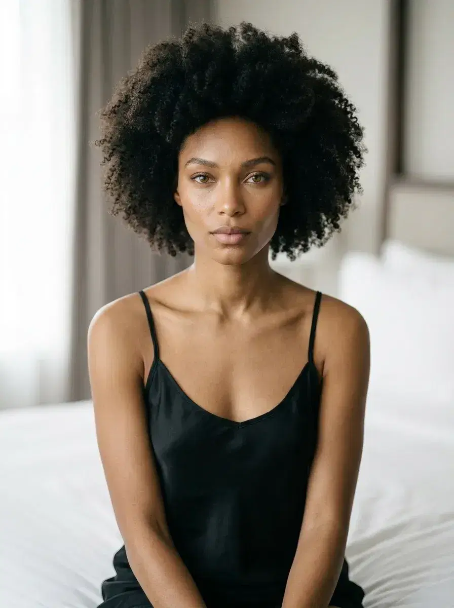 AI AI Boudoir Photos — Timeless Portraits — Person seated on luxury hotel bed with diffused light — AI boudoir photo