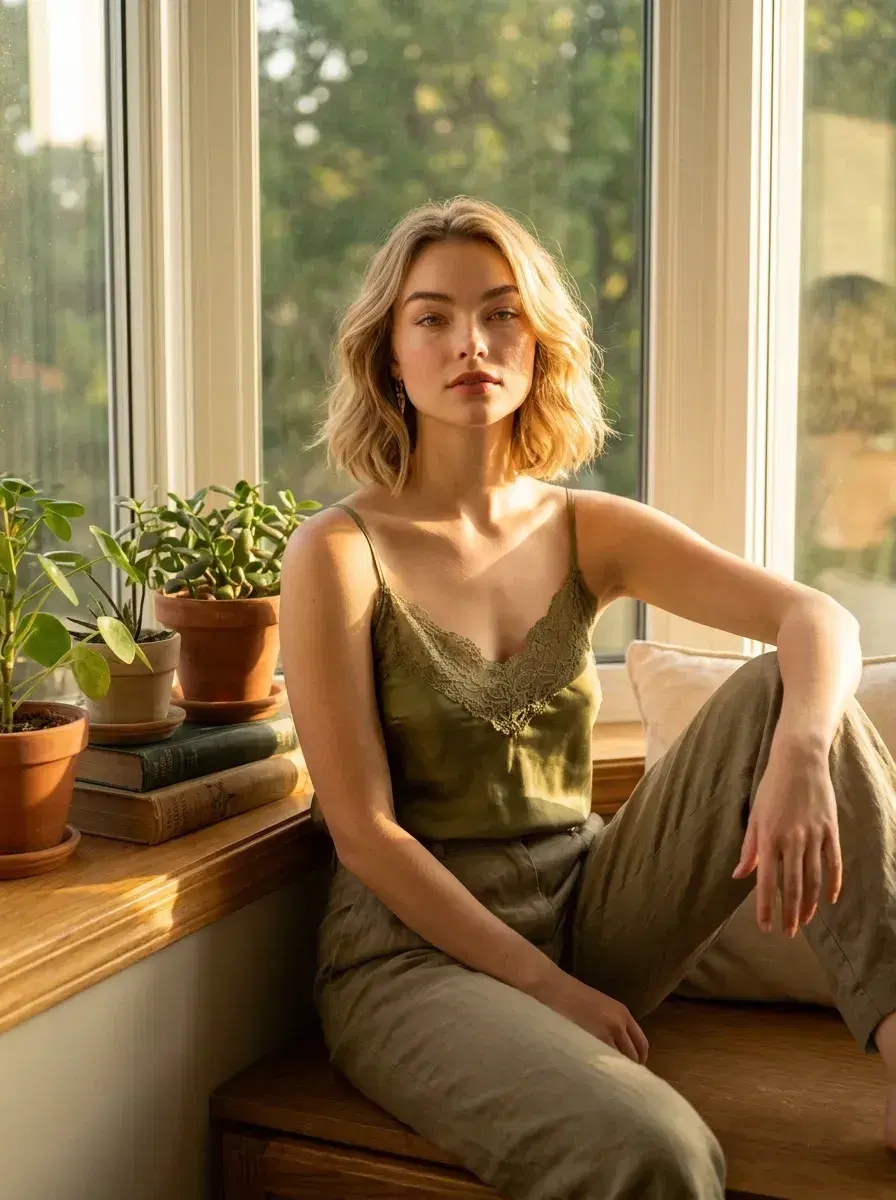 AI AI Boudoir Photos — Timeless Portraits — Person in bay window seat with golden afternoon light — AI boudoir portrait