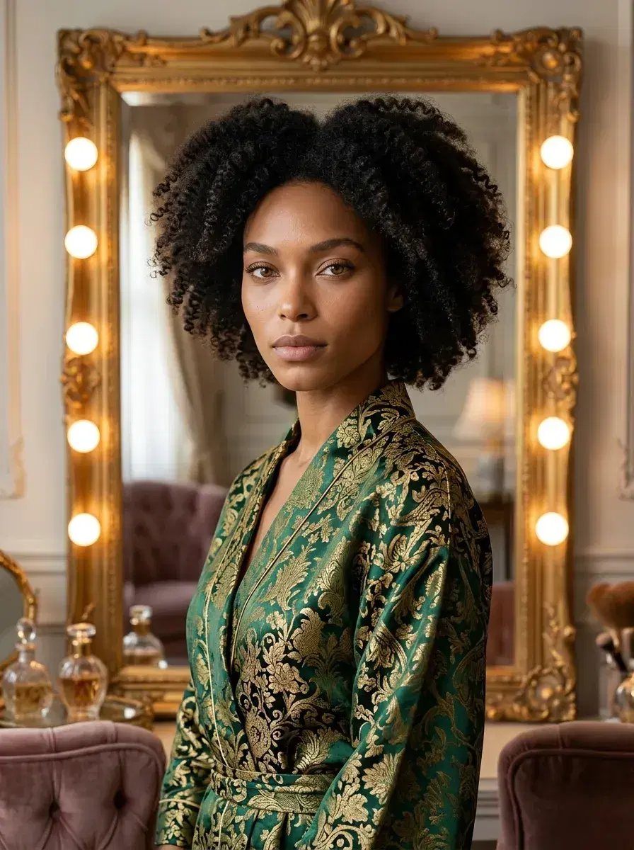 AI AI Boudoir Photos — Timeless Portraits — Person before gold Hollywood mirror in grand dressing room — AI boudoir portrait