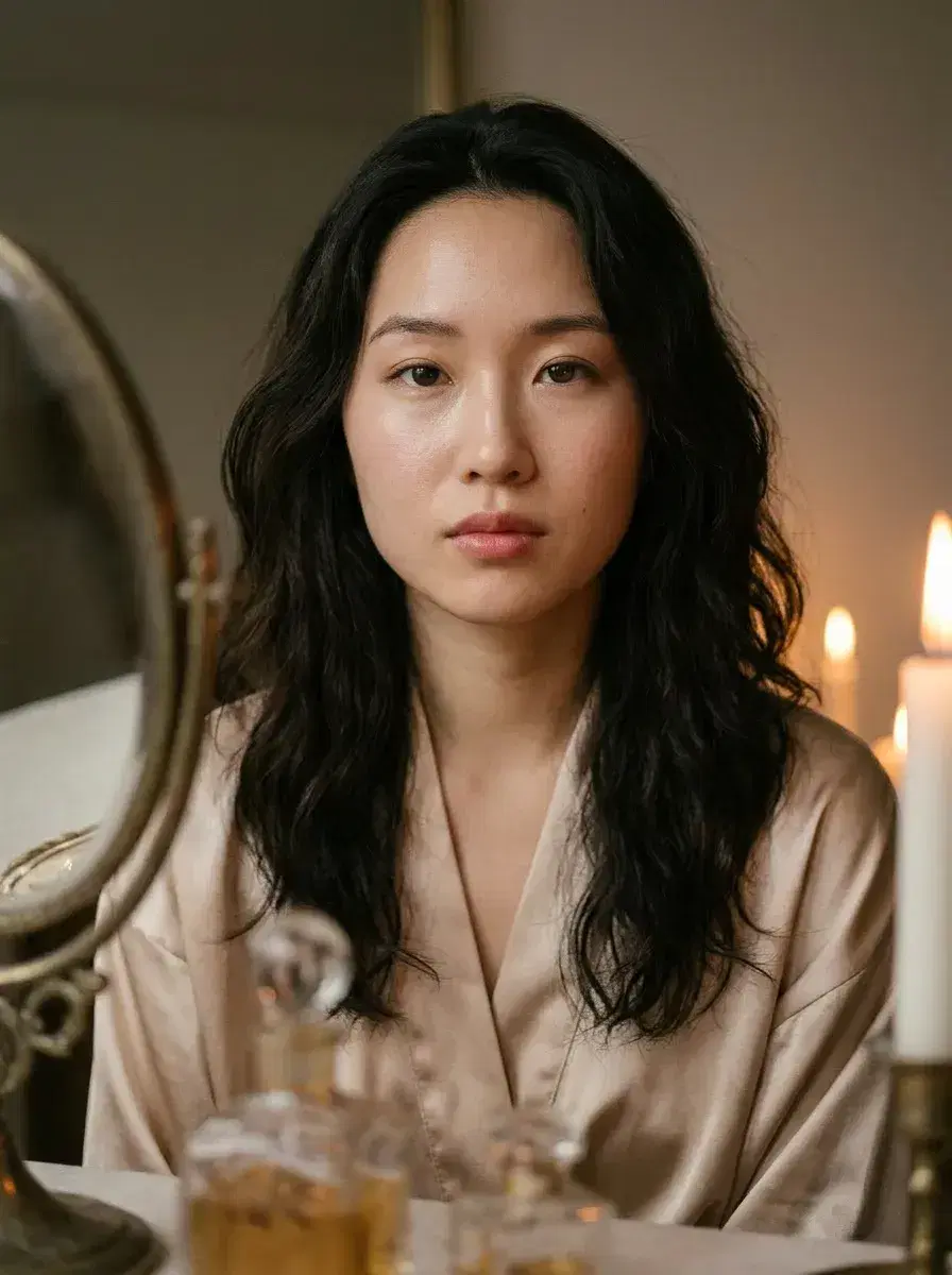 AI AI Boudoir Photos — Timeless Portraits — Person in satin robe near a candlelit vintage vanity — AI boudoir photo