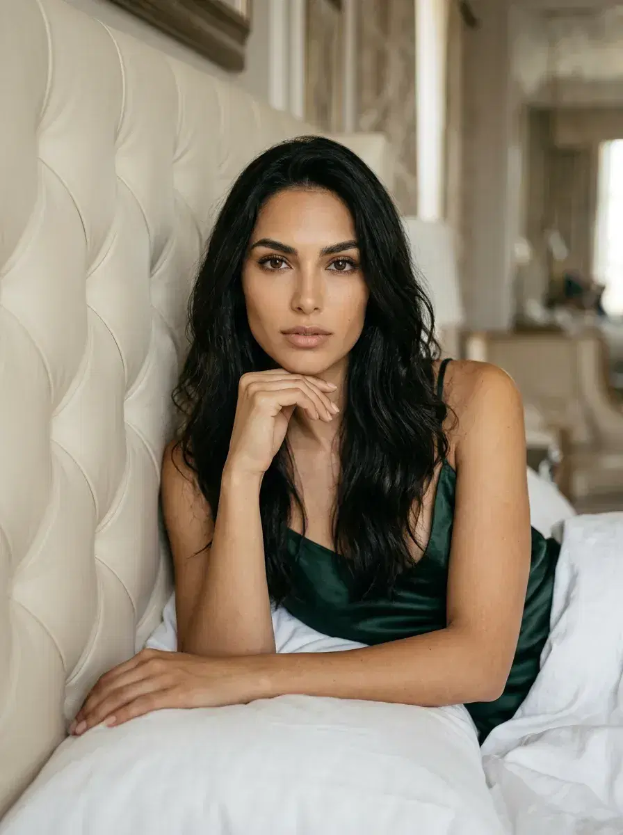 AI AI Boudoir Photos — Timeless Portraits — Person reclining on tufted headboard in luxury suite — AI boudoir photo