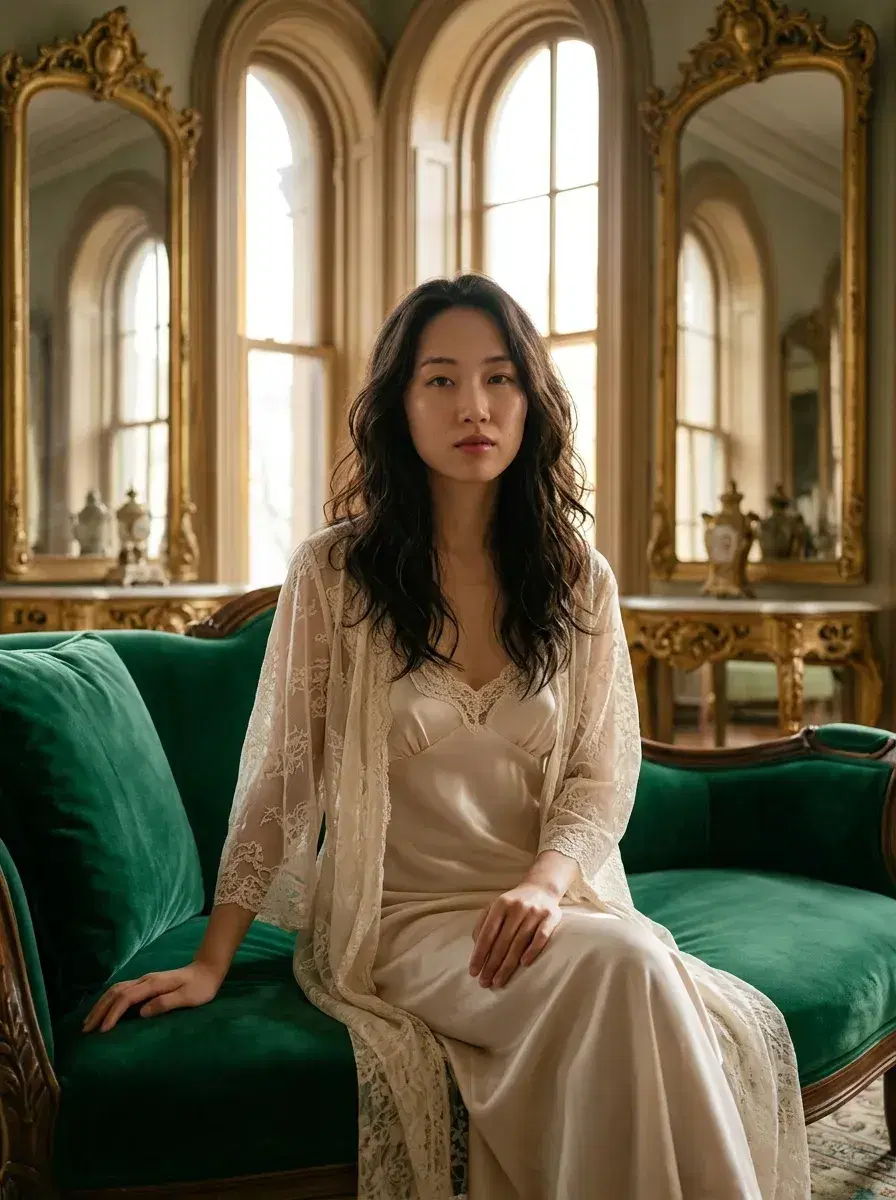 AI AI Boudoir Photos — Timeless Portraits — Person on velvet chaise in Victorian boudoir setting — AI boudoir portrait