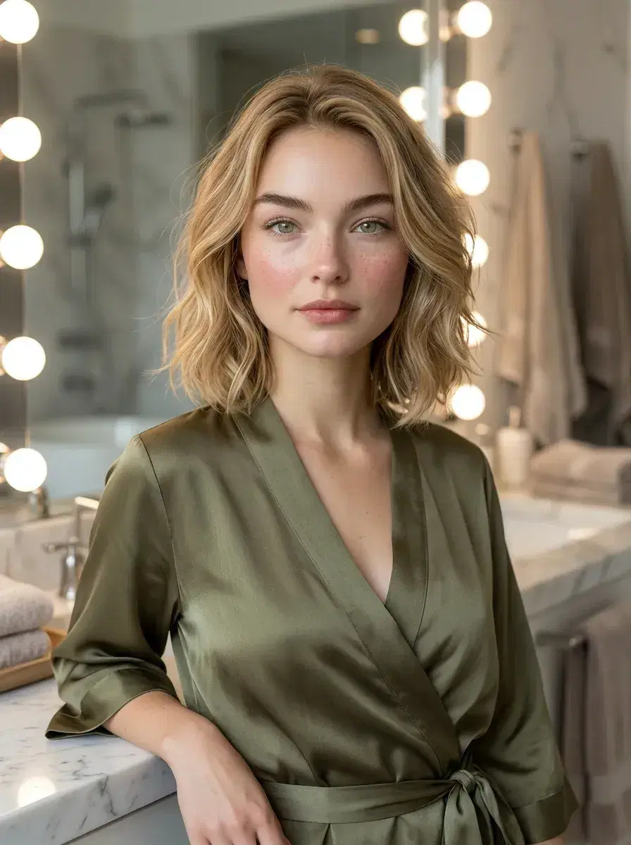 AI AI Boudoir Photos — Timeless Portraits — Person at marble vanity with warm bulb lighting — AI boudoir photo