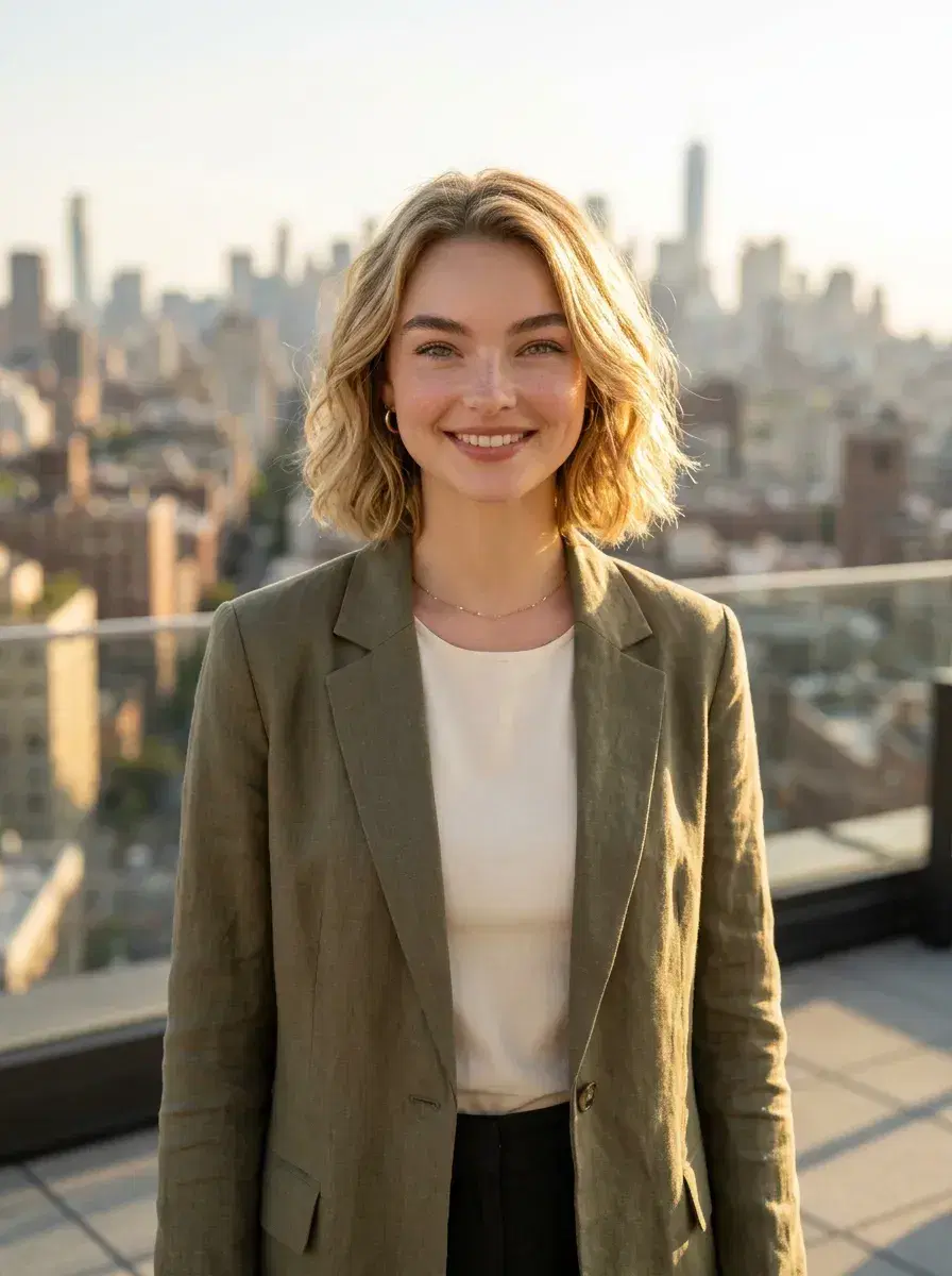 AI AI Bumble Profile Photos — Match More — Person on rooftop terrace with city skyline — AI Bumble profile photo