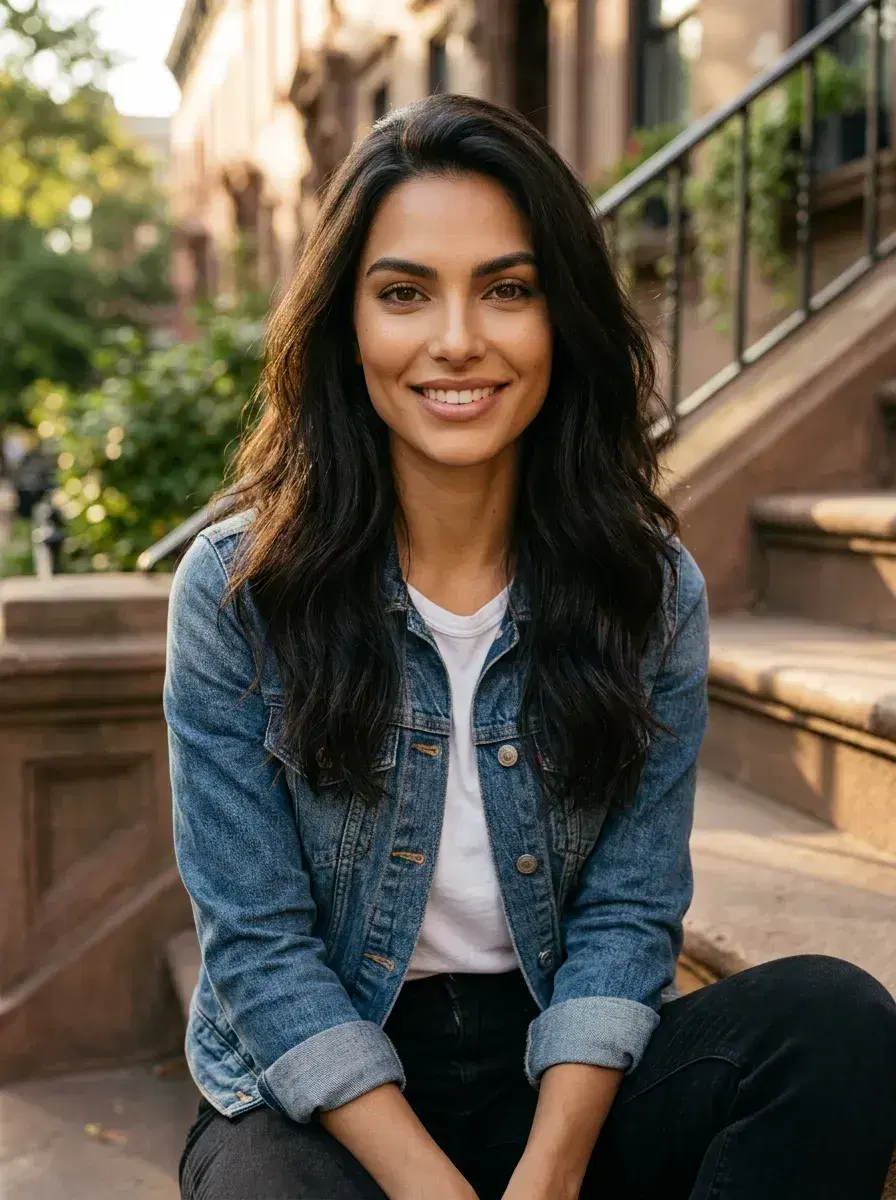 AI AI Bumble Profile Photos — Match More — Person sitting on brownstone steps smiling — lifestyle AI dating profile photo for Bumble