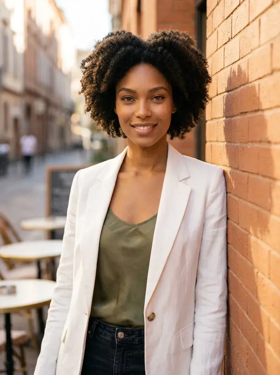 AI AI Bumble Profile Photos — Match More — Person in casual outfit smiling confidently outside a sunny cafe — AI Bumble profile photo