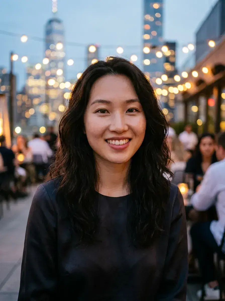 AI AI Bumble Profile Photos — Match More — Person at rooftop bar at dusk with city lights — attractive Bumble profile picture