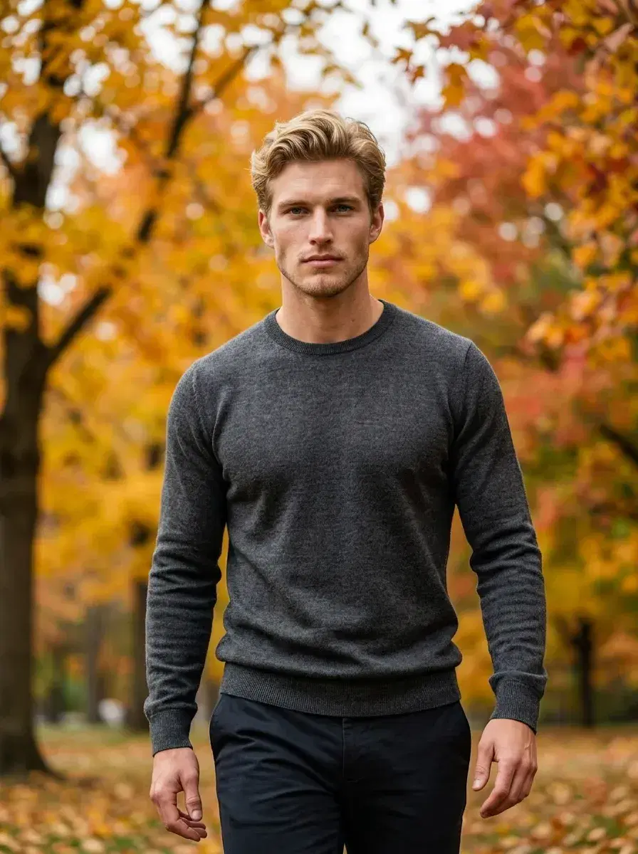 AI AI Bumble Profile Photos — Match More — Person walking through autumn park — lifestyle Bumble profile photo AI