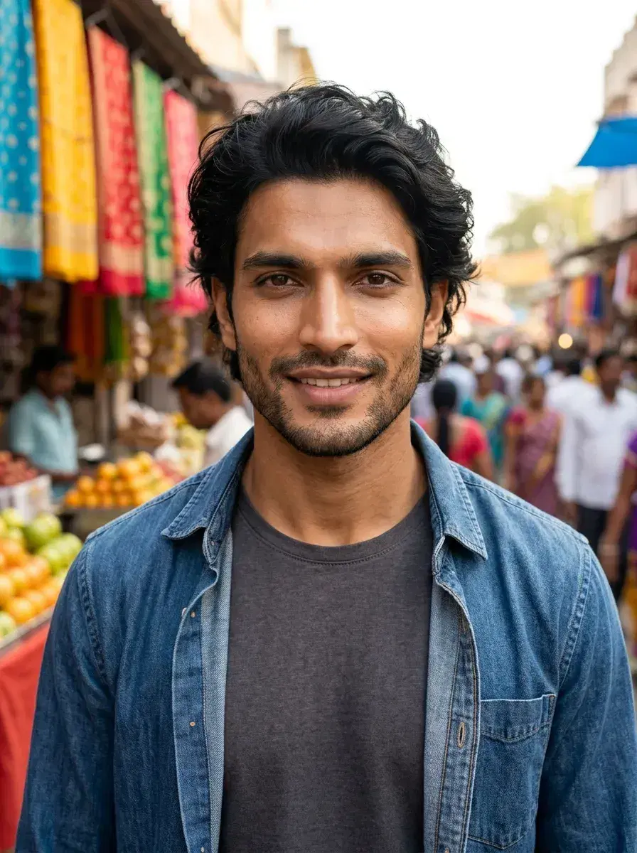 AI AI Bumble Profile Photos — Match More — Person at outdoor market with vibrant background — AI Bumble profile picture