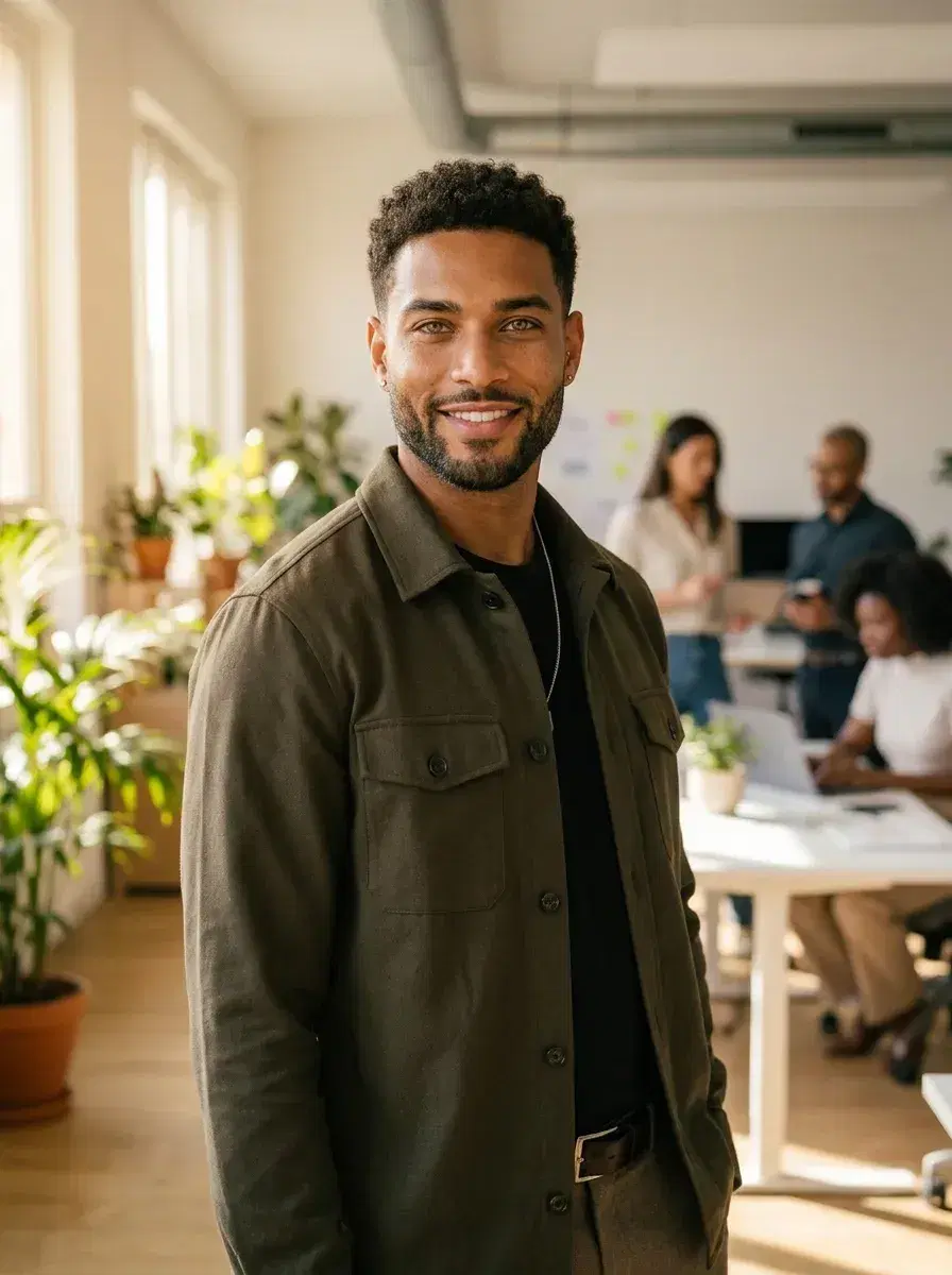 AI AI Business Casual Photos — Look Professional — Person in smart business casual outfit in a sunlit open-plan office