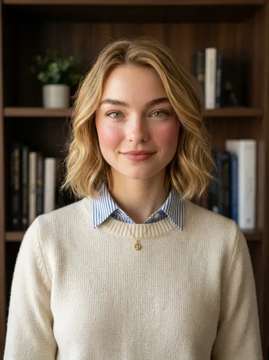 AI AI Business Casual Photos — Look Professional — Person in business casual layered outfit against a warm bookshelf background