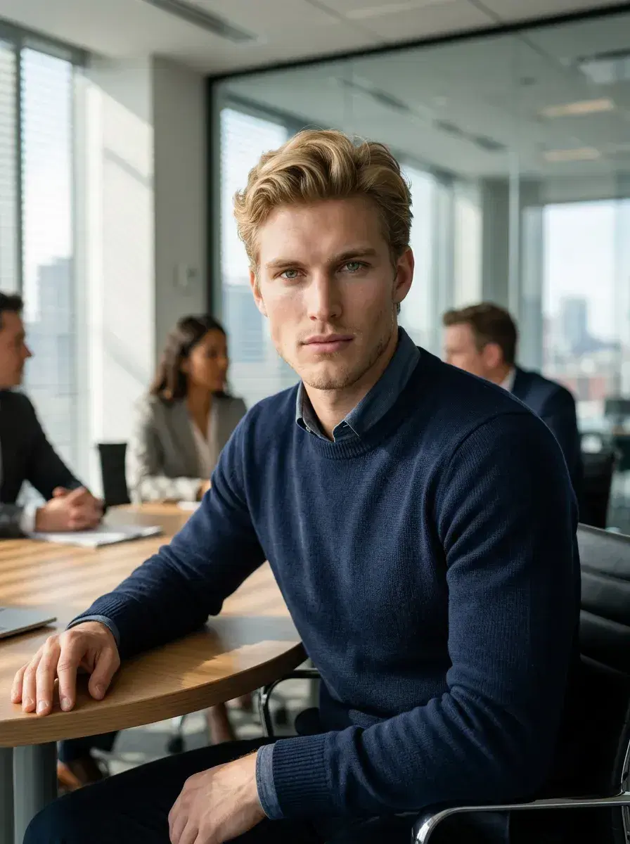 AI AI Business Casual Photos — Look Professional — Person in business casual seated at a meeting table in a glass office