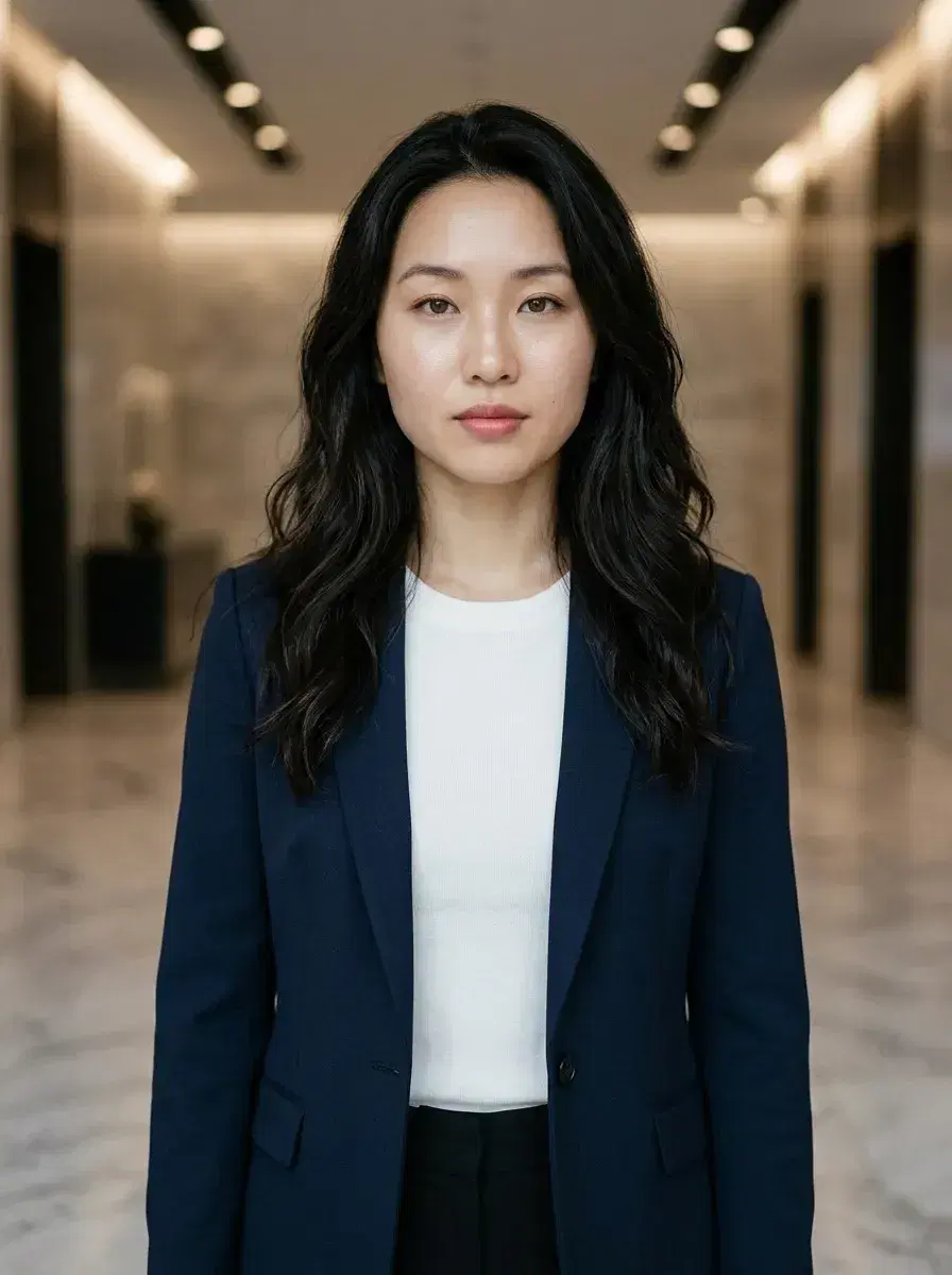 AI AI Business Casual Photos — Look Professional — Person in business casual outfit in a sleek modern corporate lobby