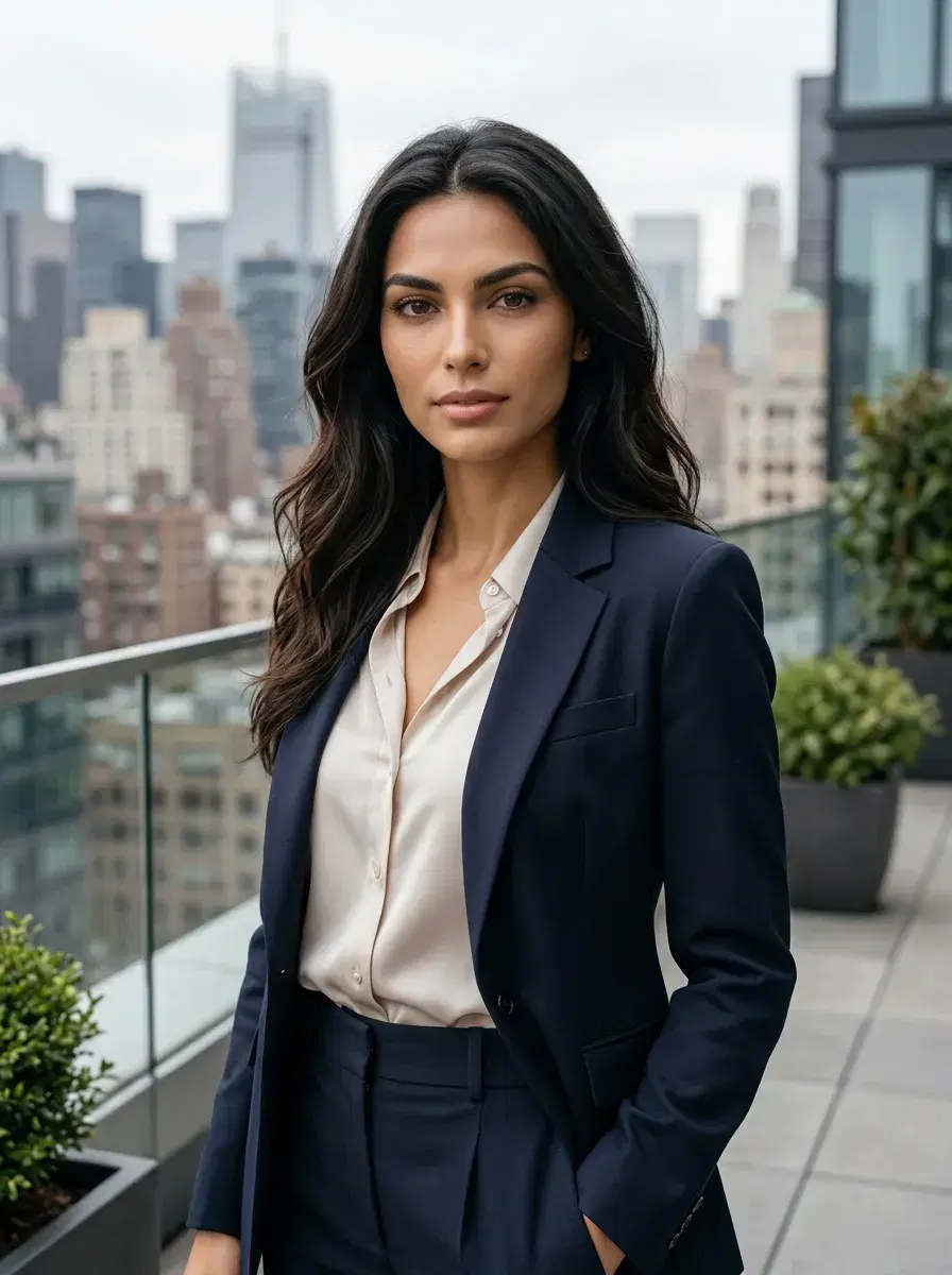 AI AI Business Casual Photos — Look Professional — Person in business casual on an outdoor office terrace with city skyline