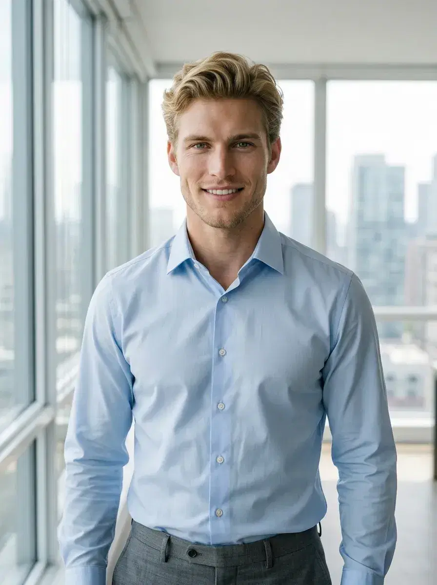 AI AI Business Casual Photos — Look Professional — Person in business casual attire standing in a bright modern office with city skyline view