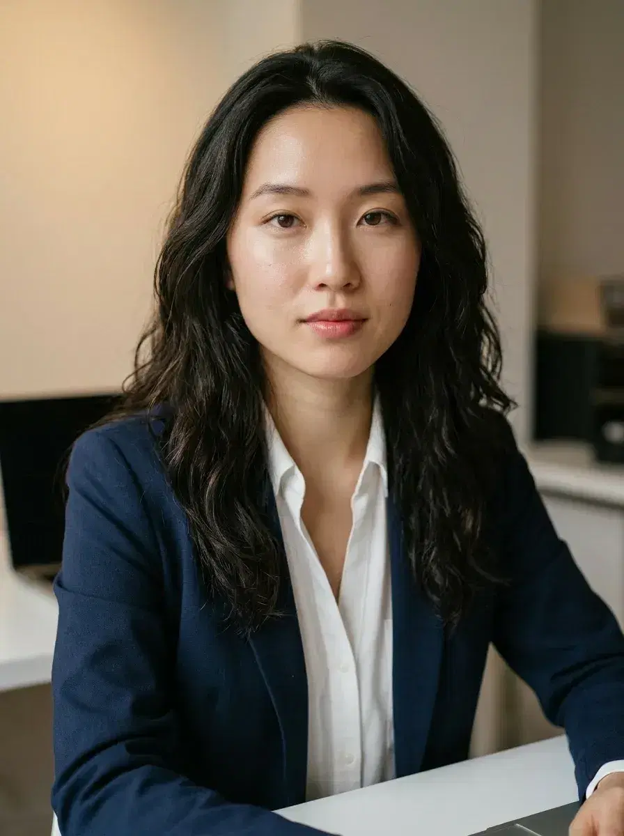AI AI Business Casual Photos — Look Professional — Person in smart blazer seated at a minimalist desk with laptop background