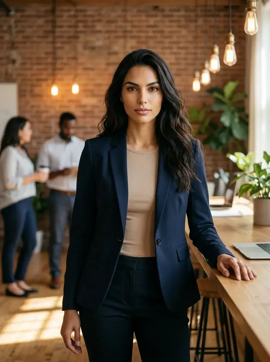 AI AI Business Casual Photos — Look Professional — Person in business casual outfit in a warm co-working space with brick walls