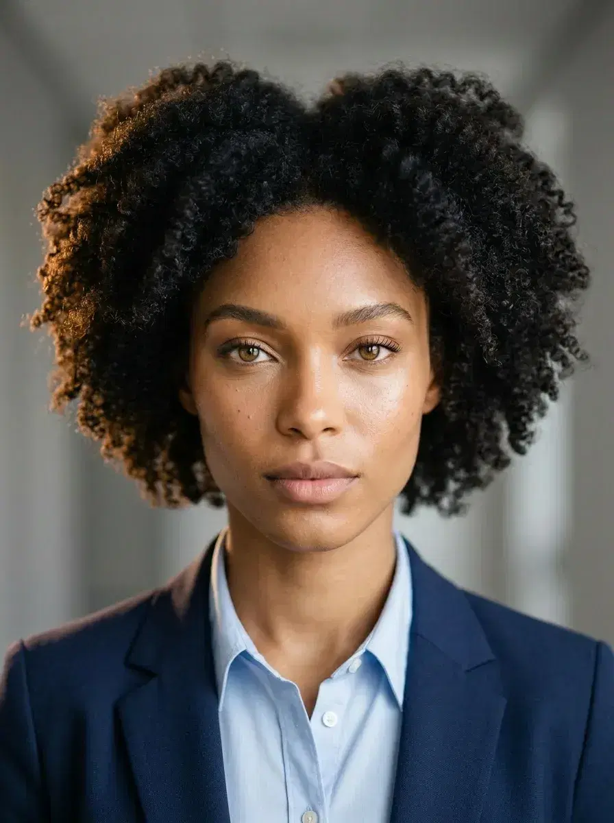 AI AI Business Casual Photos — Look Professional — Close-up portrait of person in business casual attire against blurred office corridor