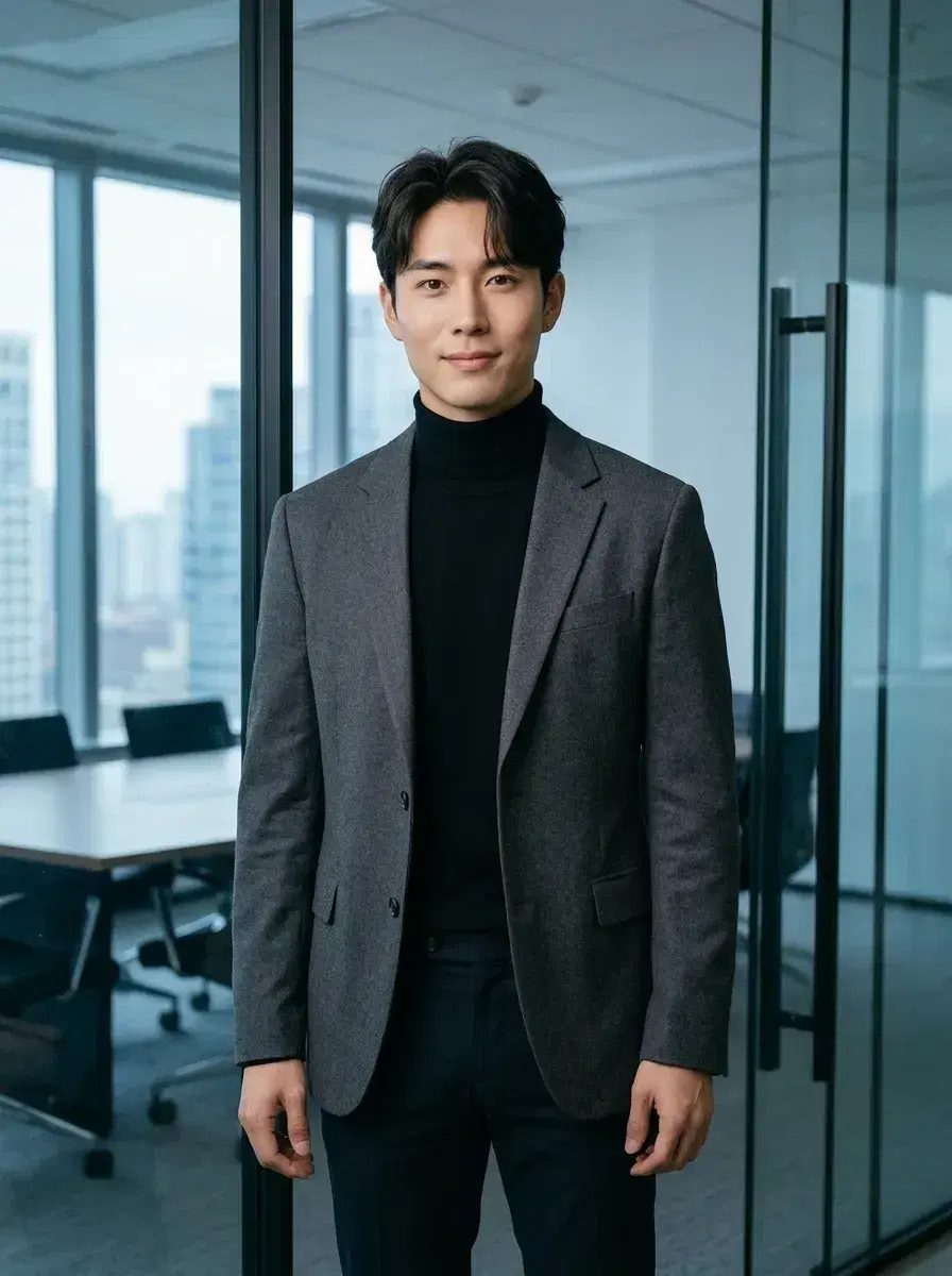 AI AI Business Casual Photos — Look Professional — Person in smart casual outfit at the entrance of a glass-walled conference room