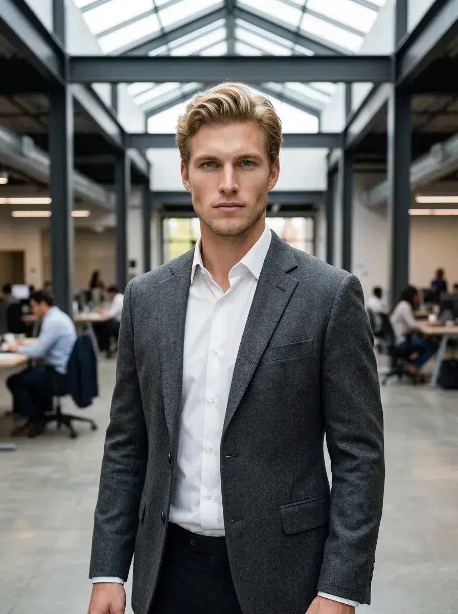 AI AI CEO LinkedIn Photos — Look Authoritative — AI CEO headshot in modern tech campus atrium
