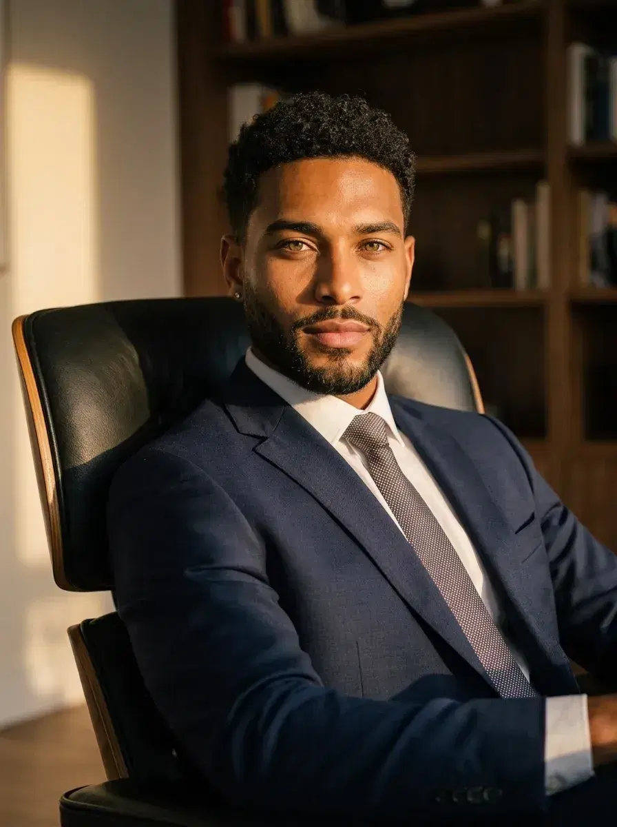 AI AI CEO LinkedIn Photos — Look Authoritative — AI CEO LinkedIn photo seated in executive chair at golden hour