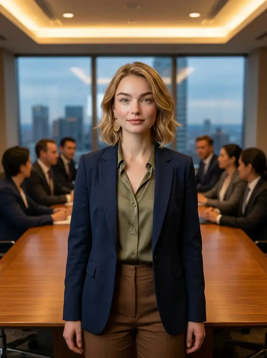 AI AI CEO LinkedIn Photos — Look Authoritative — AI CEO photo at head of conference table in corporate setting