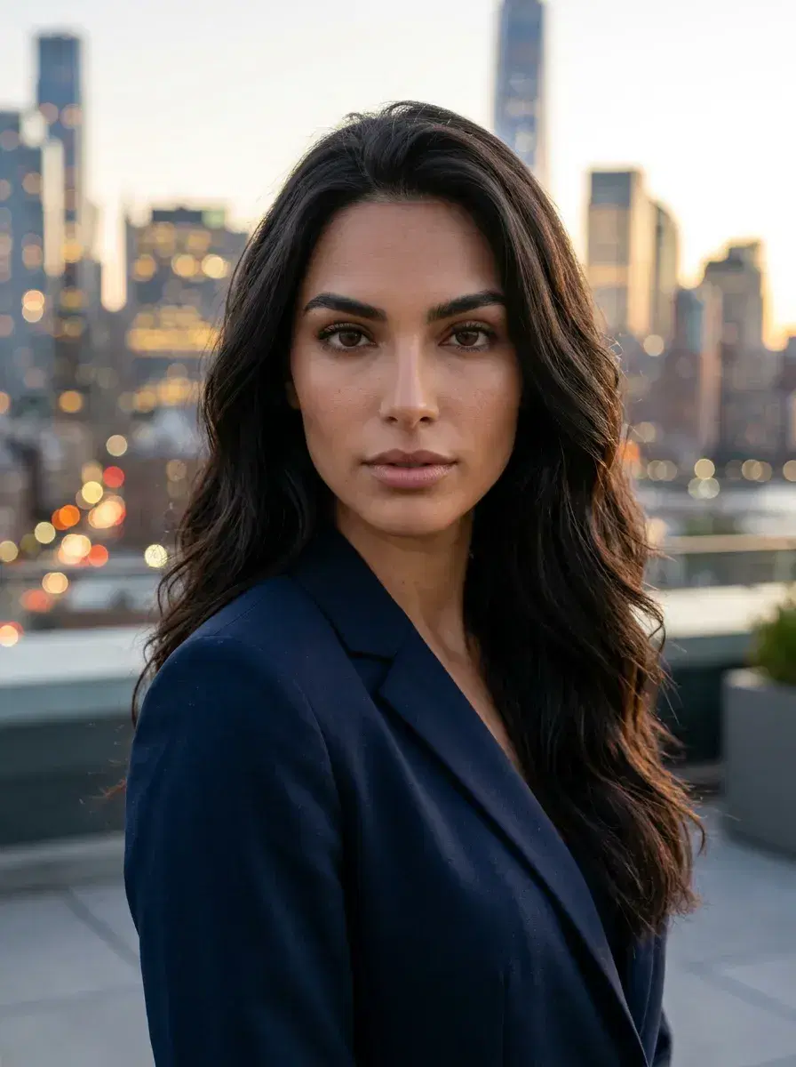 AI AI CEO LinkedIn Photos — Look Authoritative — AI CEO LinkedIn photo on rooftop with financial district at dusk