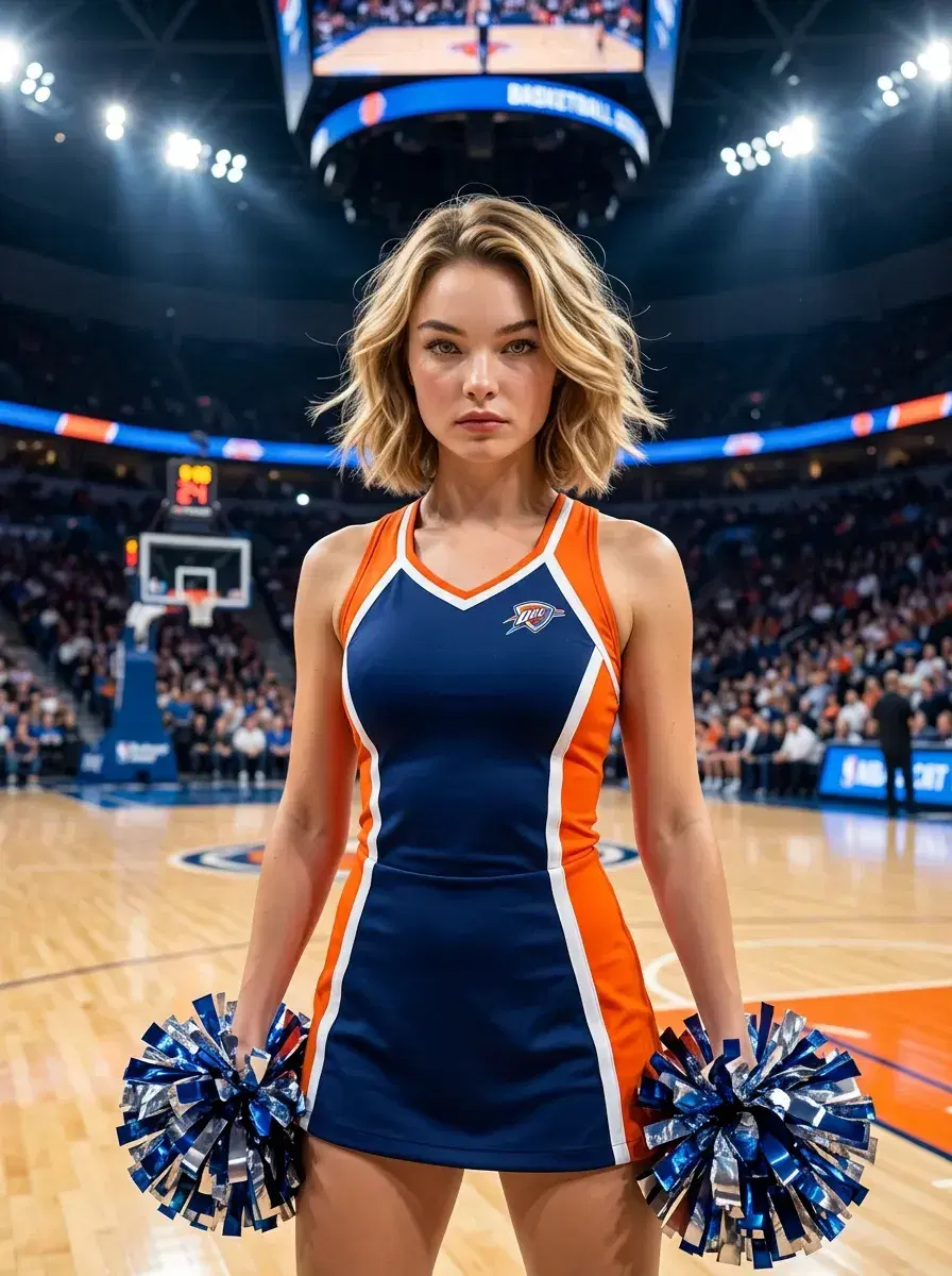AI AI Cheerleader Photos — Squad-Ready Looks — Person in competition cheer uniform at center court with arena spotlights
