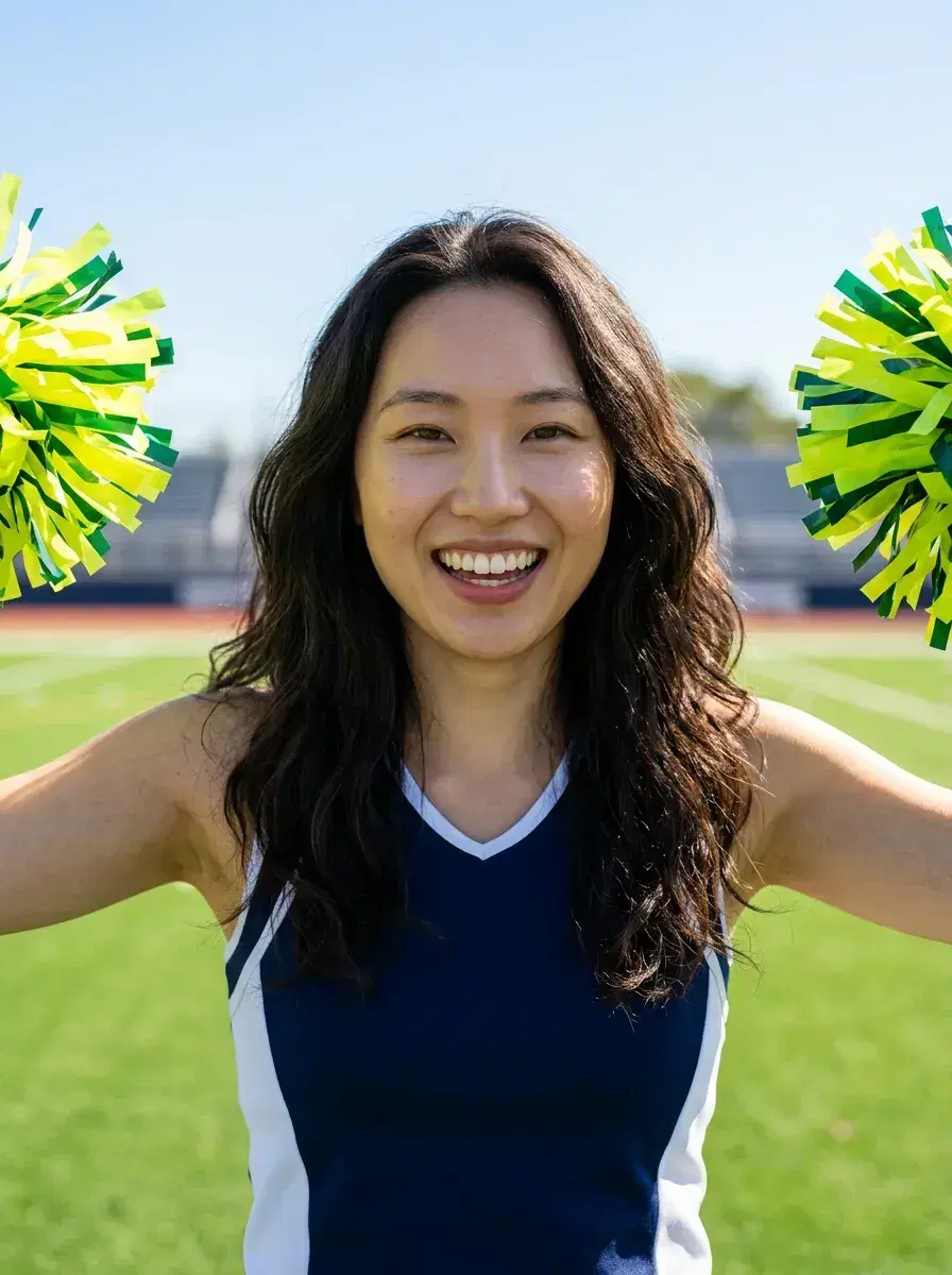 AI AI Cheerleader Photos — Squad-Ready Looks — Person in cheer athletic wear with neon pom-poms on sunny football field