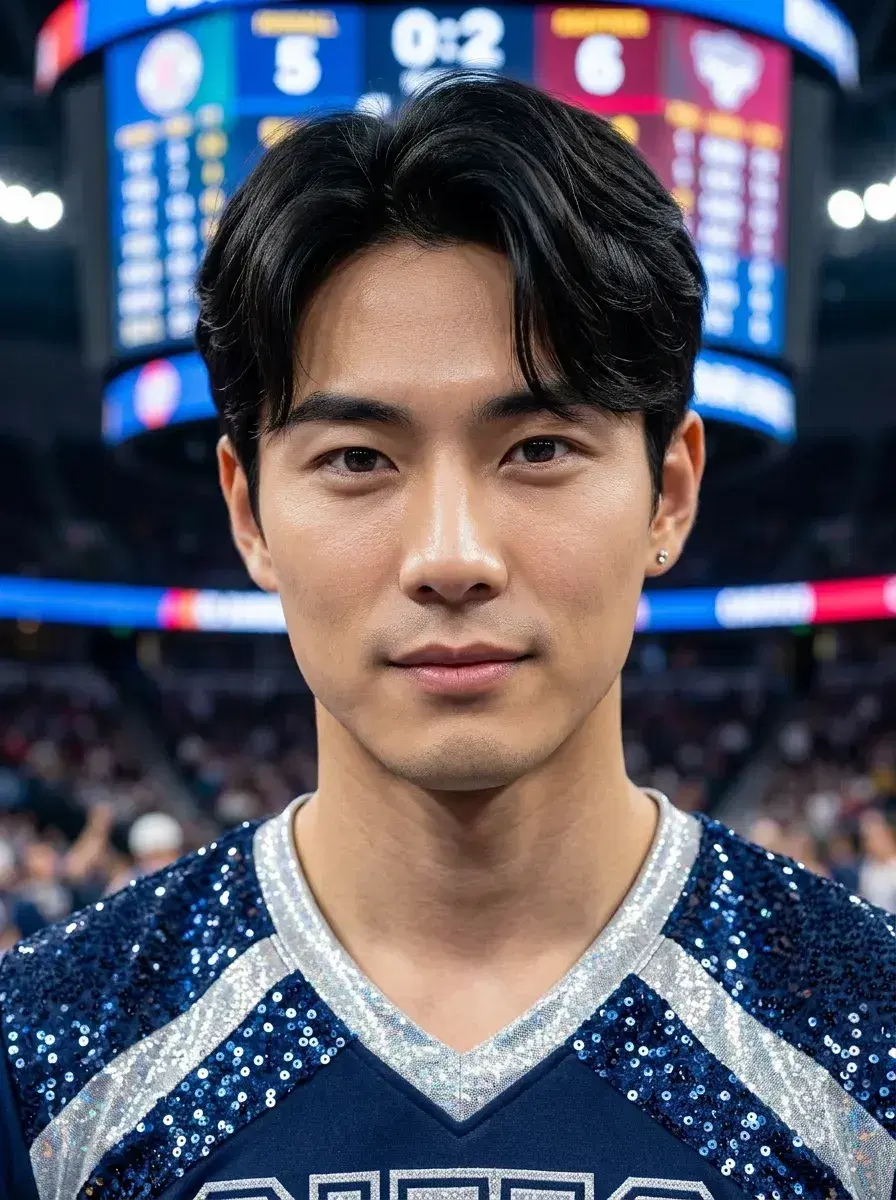 AI AI Cheerleader Photos — Squad-Ready Looks — Person in sequined cheer uniform in front of arena scoreboard
