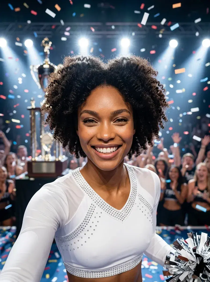 AI AI Cheerleader Photos — Squad-Ready Looks — Person in white cheer uniform on championship stage with confetti